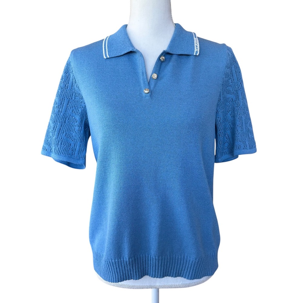 St John Womens Blue Knit Polo Shirt Short Sleeve Sweater Top S